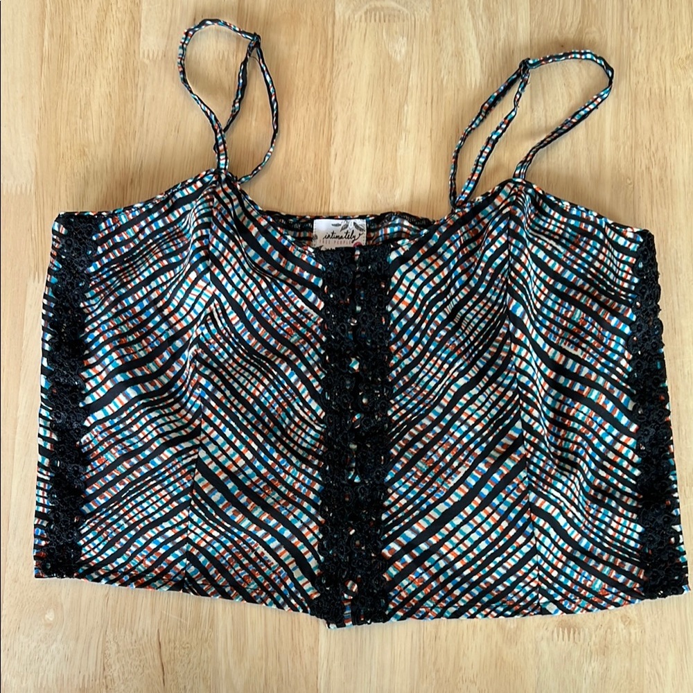 Free People Intimately Black MultiColor Button Front Lace Cropped Cami